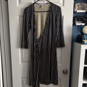 Diane Von Furstenberg Navy and Cream Striped Midi Wrap Dress